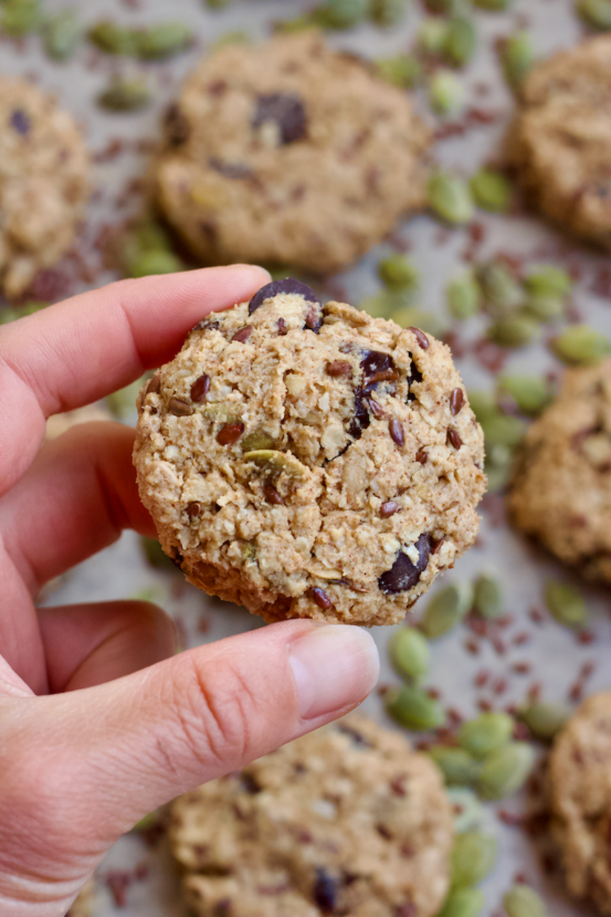 Nut-Free Vegan Trail Mix Cookies are the perfect healthy snack to fuel all your adventures! Gluten-free and no added sugar. Plus, they have the ideal ratio of sweet n' salty goodness!